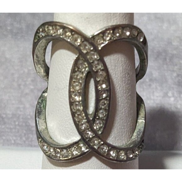 Elegant Glam Silver Tone Rhinestone Crossover Ring Size 6 1/2 - Picture 7 of 12